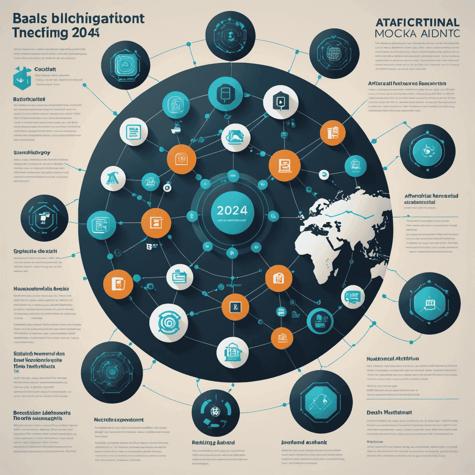 Инфографика, показывающая различные технологические тренды 2024 года, такие как искусственный интеллект, блокчейн, интернет вещей